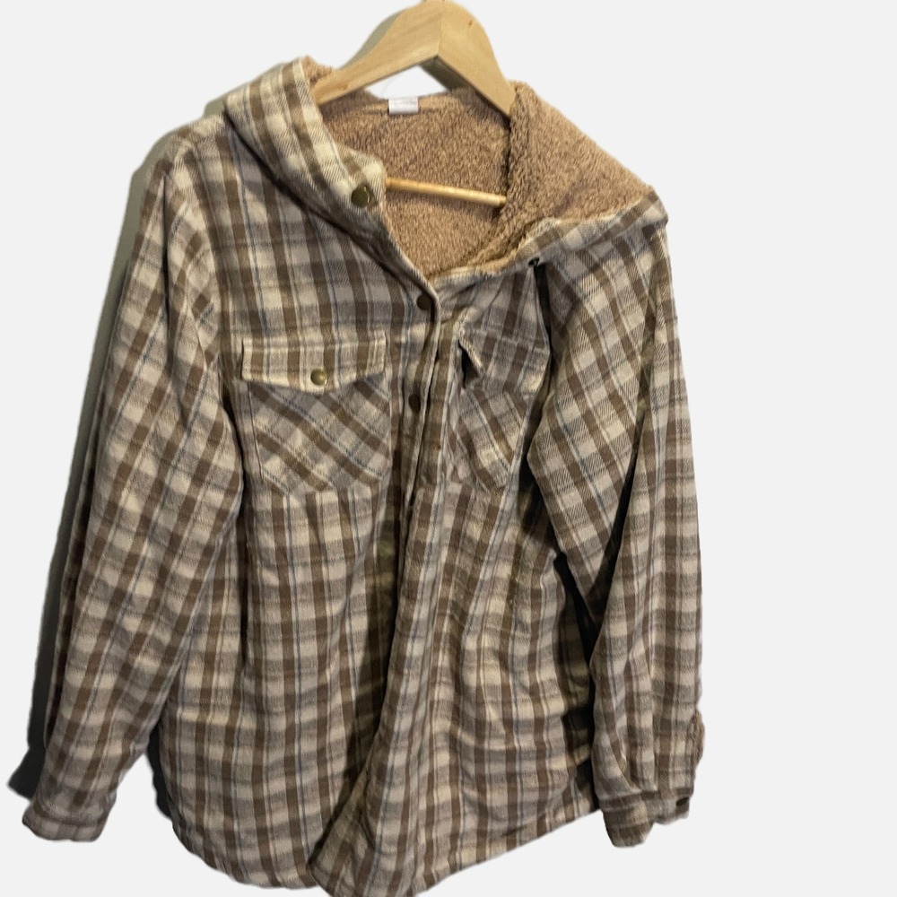Asvivid Plaid Hooded Shacket Sherpa‎ Lined Jacket Brown Tan Checkered XL